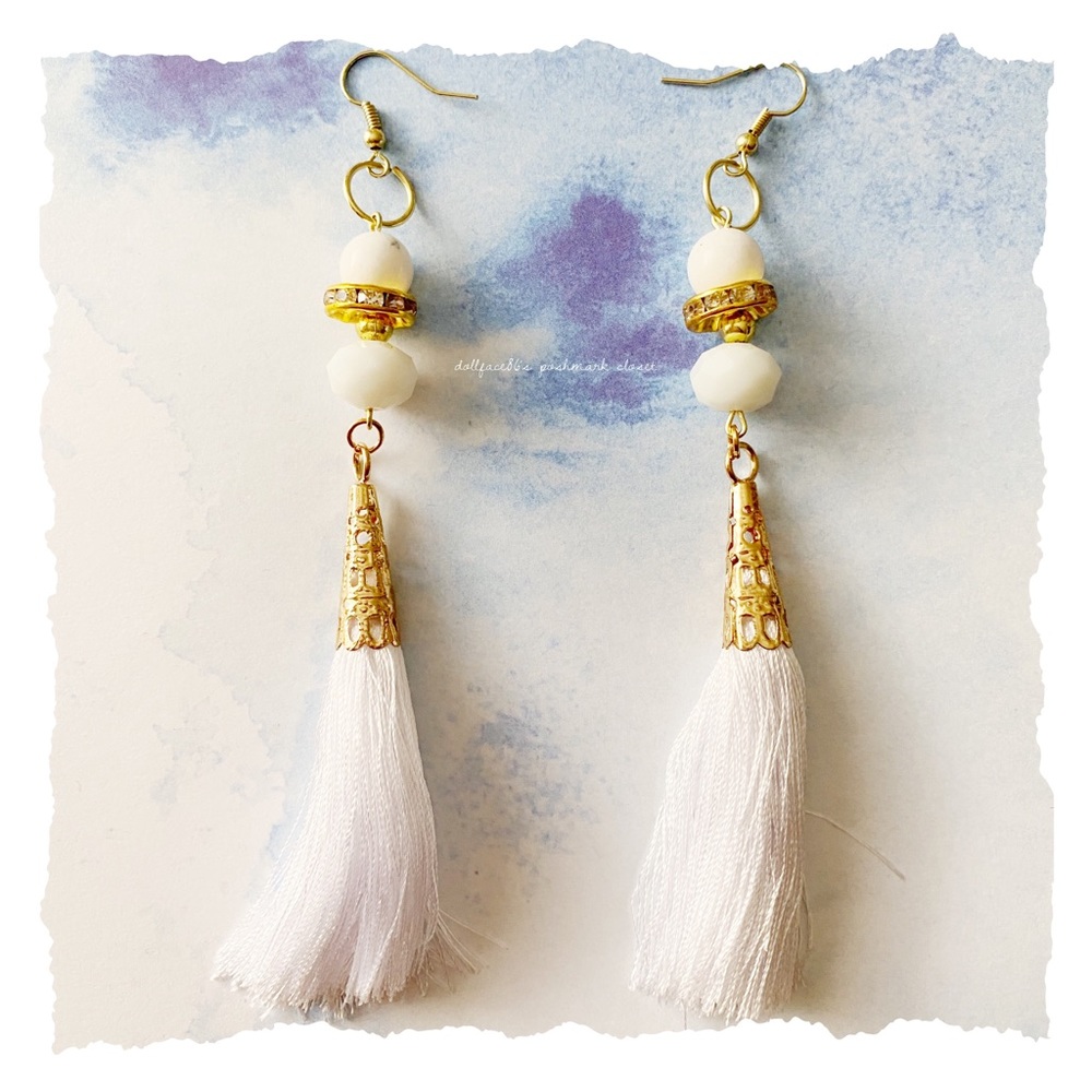 White + Gold Glam Tassel Earrings